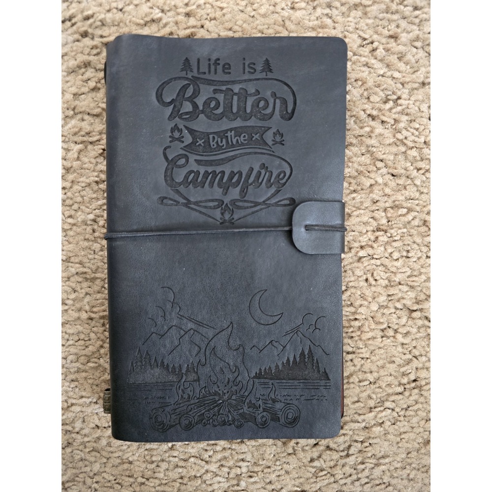 Black Faux Leather, Engraved Camping &‎ Travel Journal, Campfire, Adventure